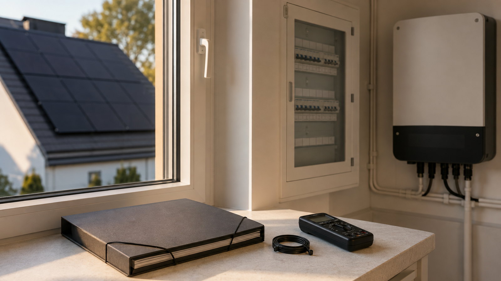 Geschlossene Unterlagen-Mappe auf einer Fensterbank vor einem fertig verdrahteten Zählerschrank, draußen ein Hausdach mit schwarzen PV-Modulen